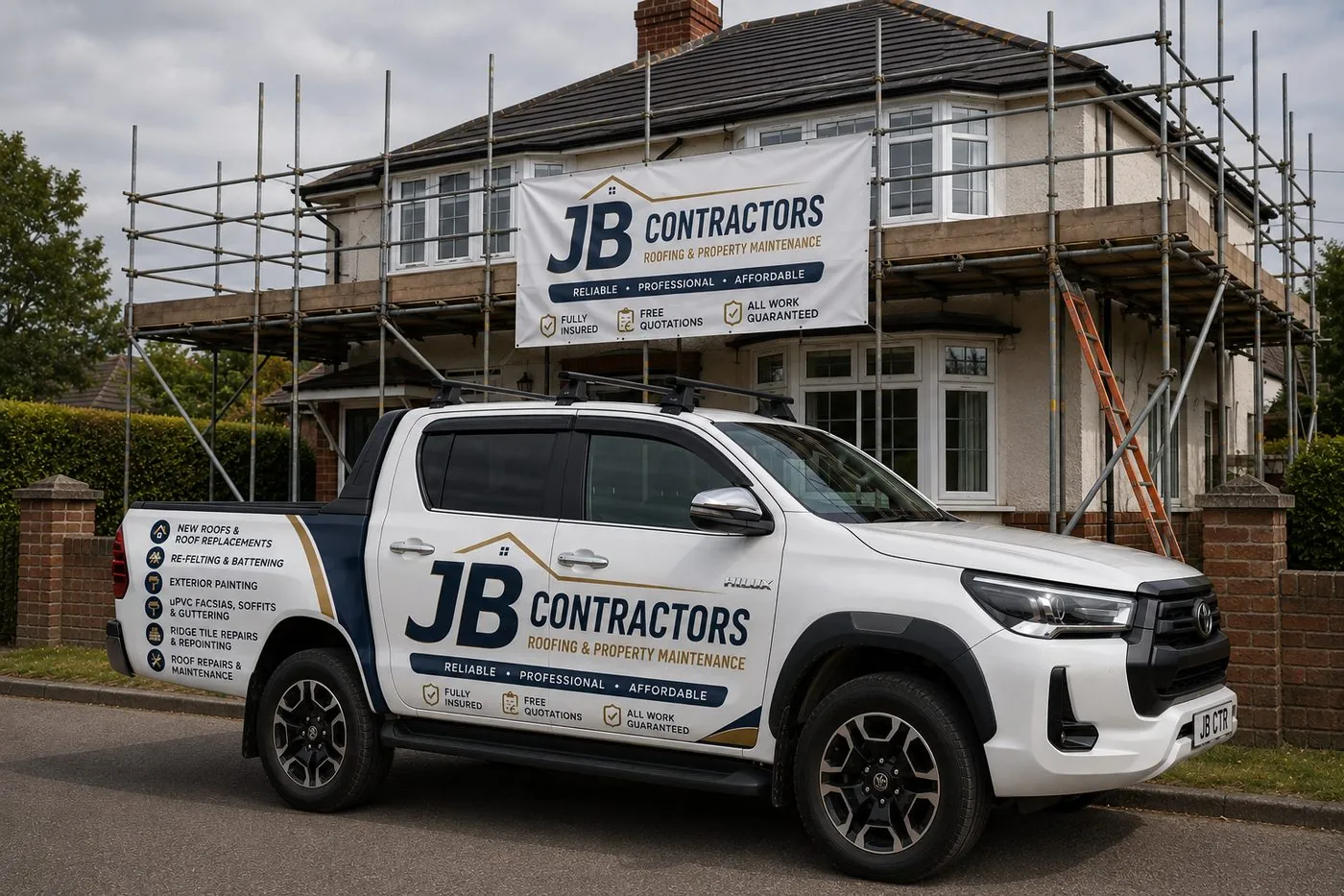 Fowey Roofing pickup truck on site at a scaffolded roofing job in Fowey