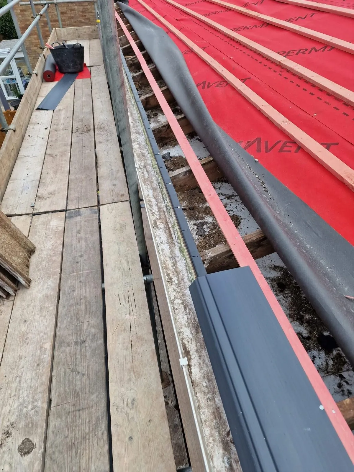 Breathable membrane and battens fitted during a re-roof in Fowey